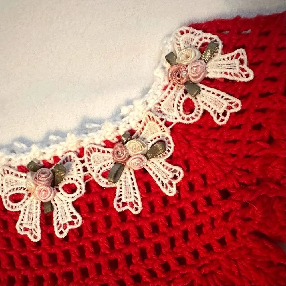 Hand & Heart Handmade Crocheted Red Baby Dress 6M Bows Flowers Appliqué Cotton